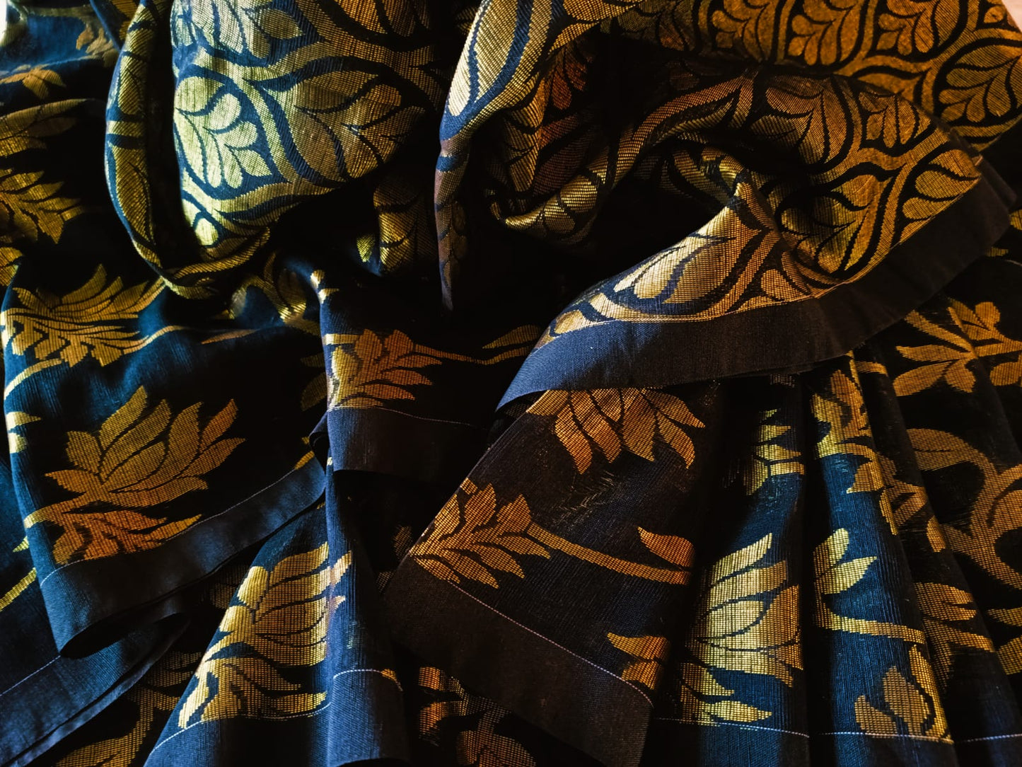 All over Banarasi Zari Jaal Linen Saree - Black