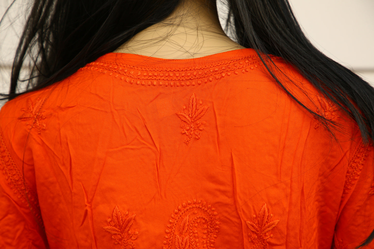 Chikankari Rayon Ready Made Kurta - Bright Orange