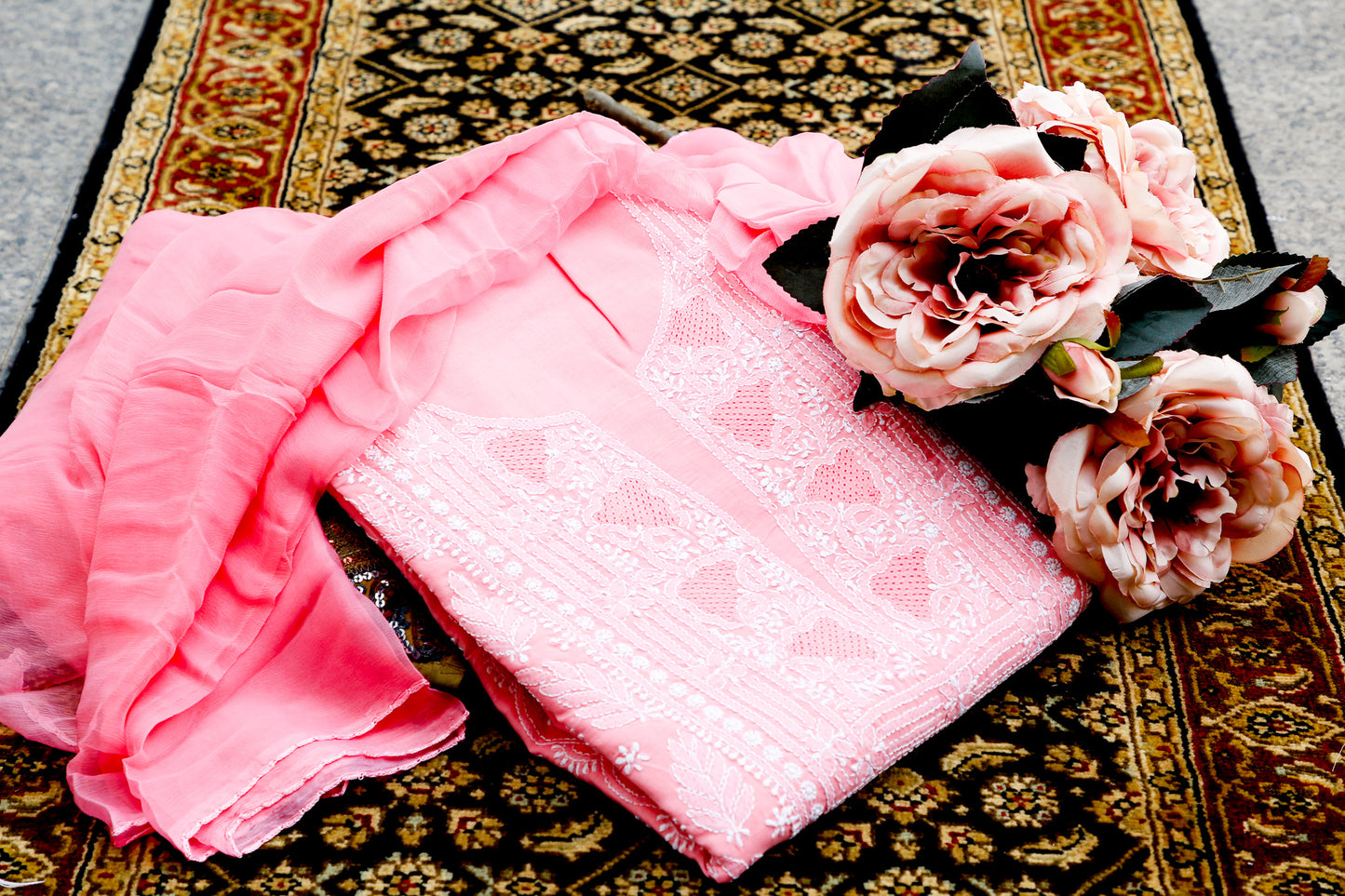 Baby Pink Cotton Chikankari Full Suit with matching Chiffon Dupatta