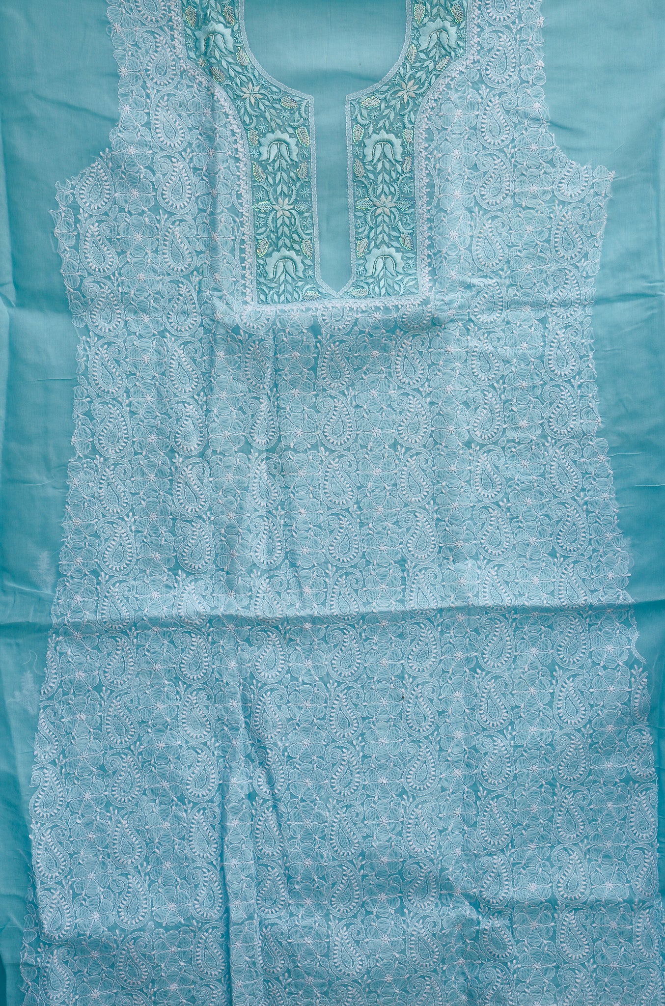 Powder Blue Cotton Chikankari Full Suit, having Parsi Karahi on its neck with matching Chiffon Dupatta