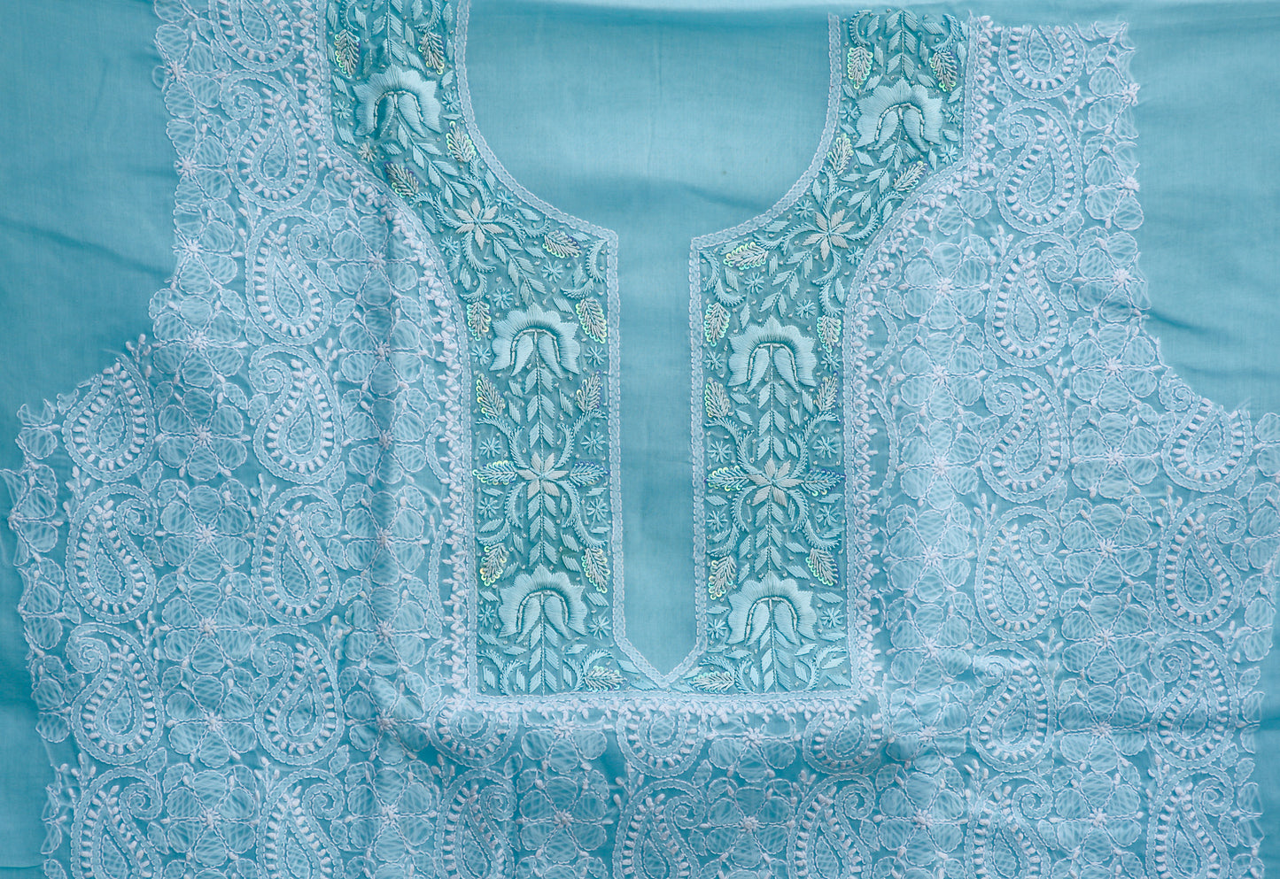 Powder Blue Cotton Chikankari Full Suit, having Parsi Karahi on its neck with matching Chiffon Dupatta