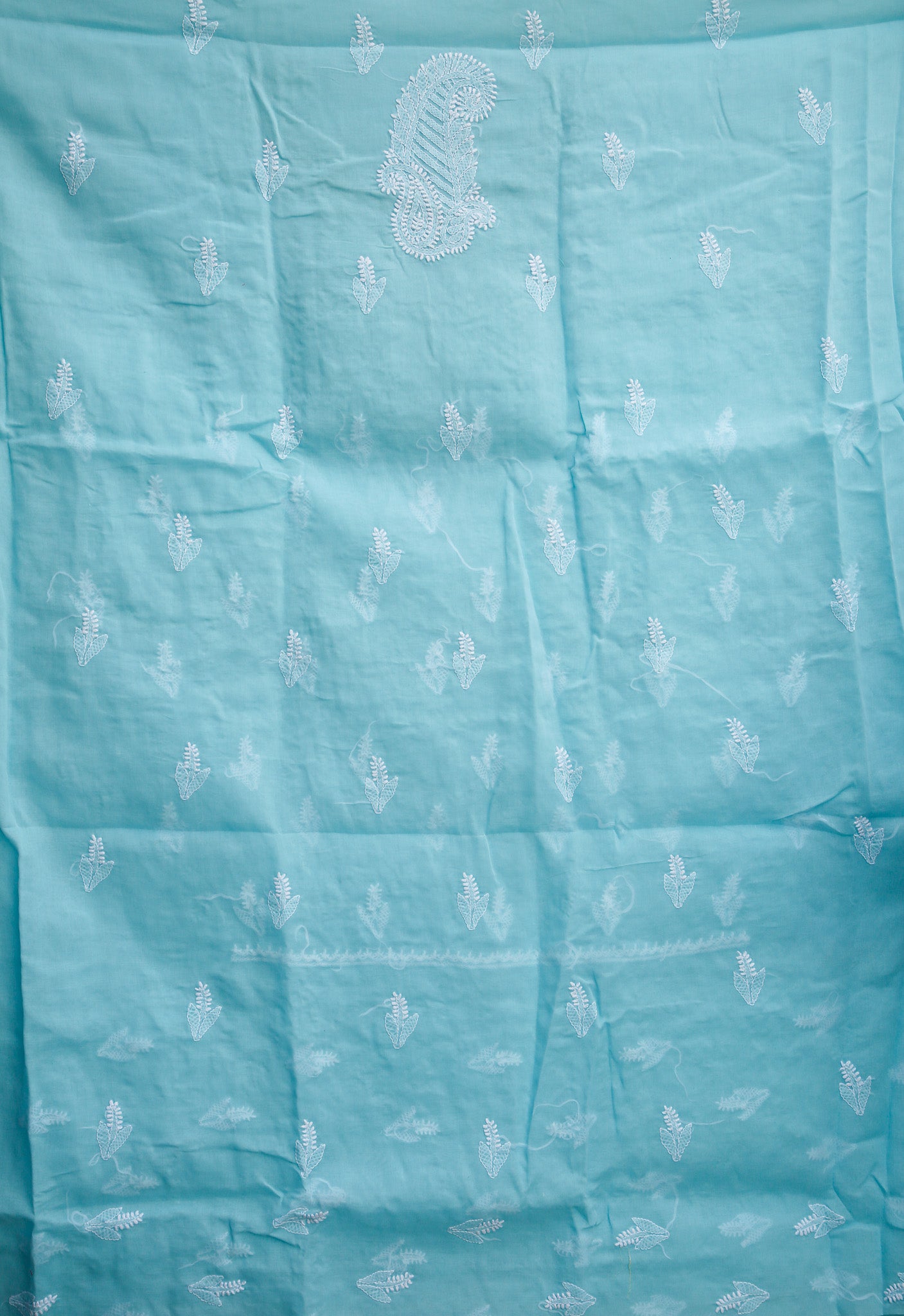 Powder Blue Cotton Chikankari Full Suit, having Parsi Karahi on its neck with matching Chiffon Dupatta