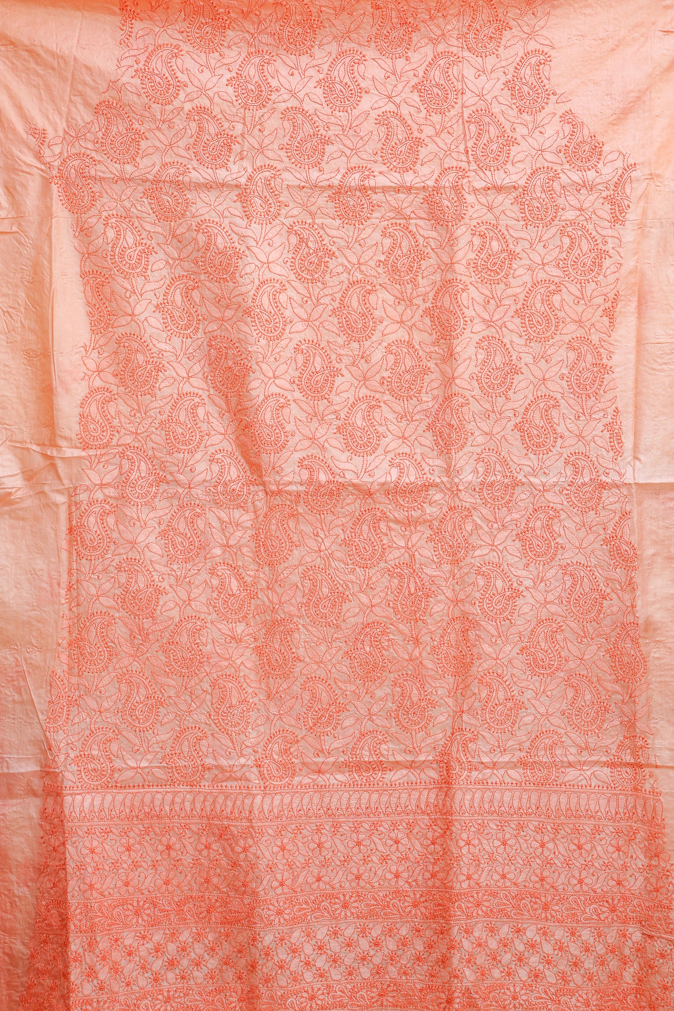 Pure Tassar Silk Chikankari Kurta Fabric - Peach