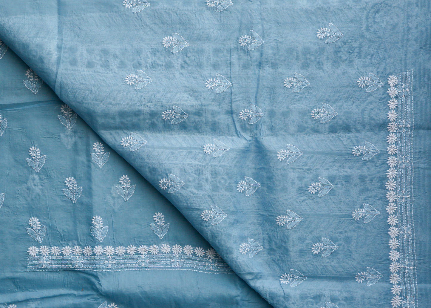 Blue Cotton Chikankari Full Suit with matching Chiffon Dupatta