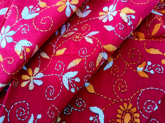 Pure Cotton All Over Kantha Work Bright Red-Pink Blouse
