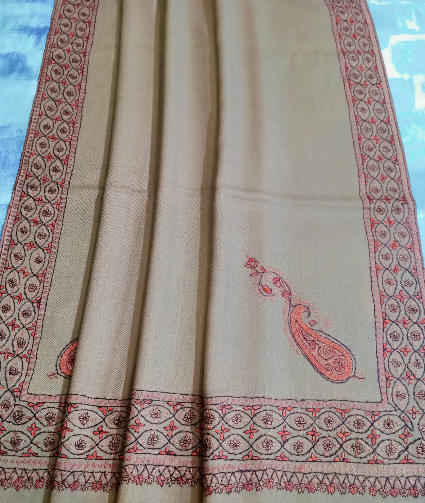 Hand Embroidered Semi Pashmina full Size Shawl - Classic Pashmina Colour