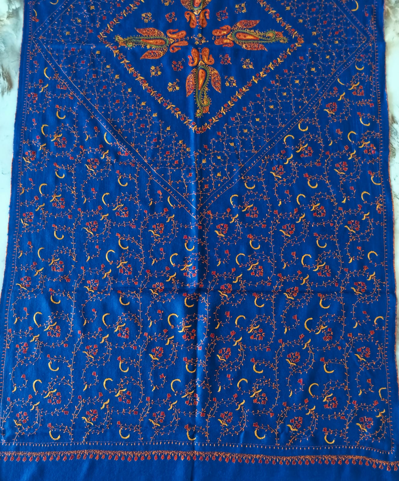 Hand Embroidered Semi Pashmina Stole - Blue