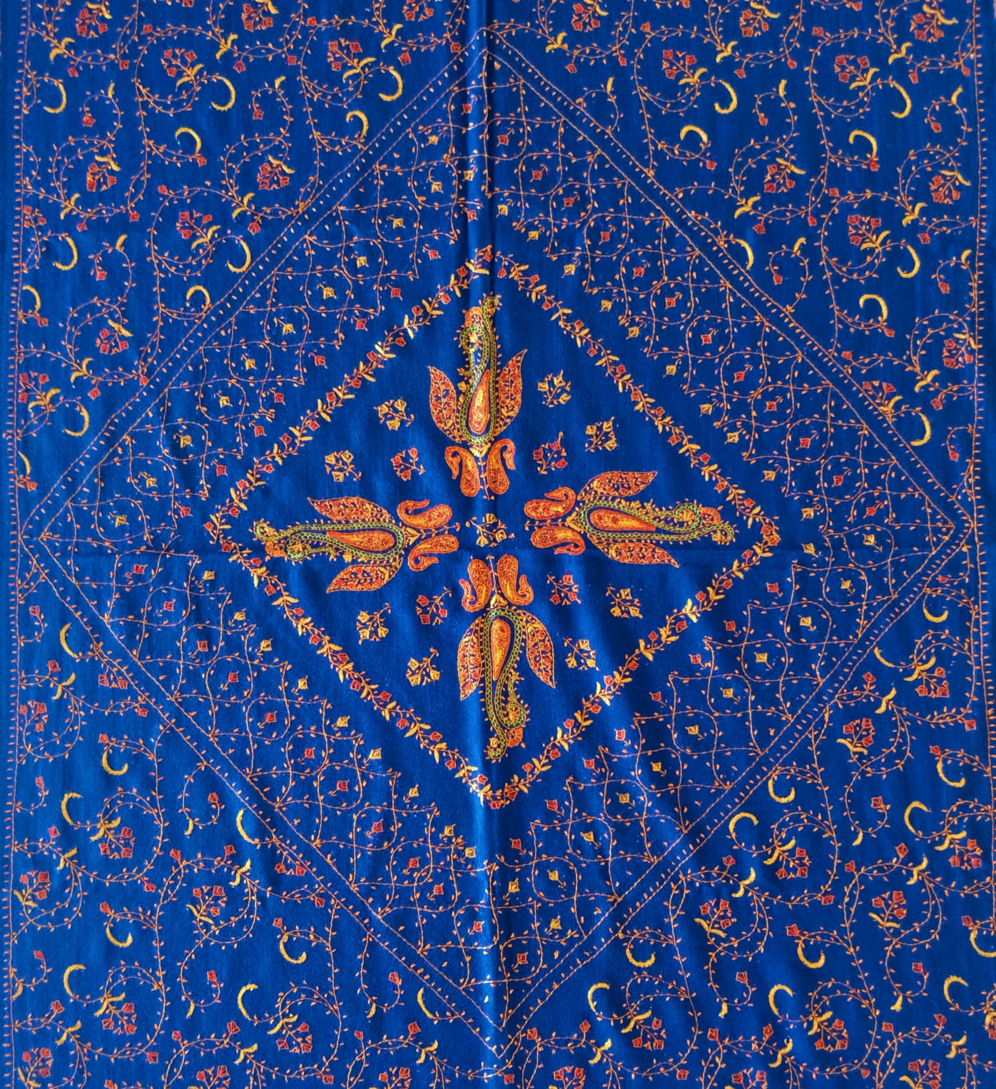 Hand Embroidered Semi Pashmina Stole - Blue