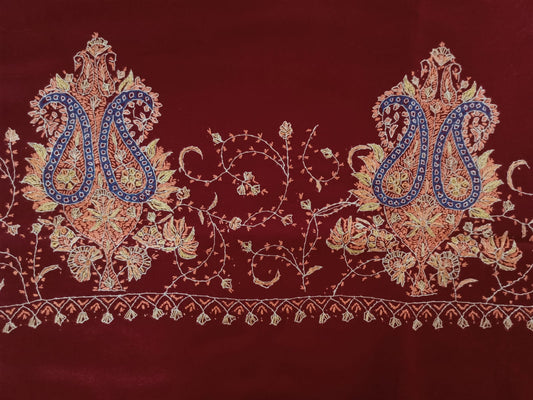 Hand Embroidered Palledaar Semi Pashmina Stole - Maroon