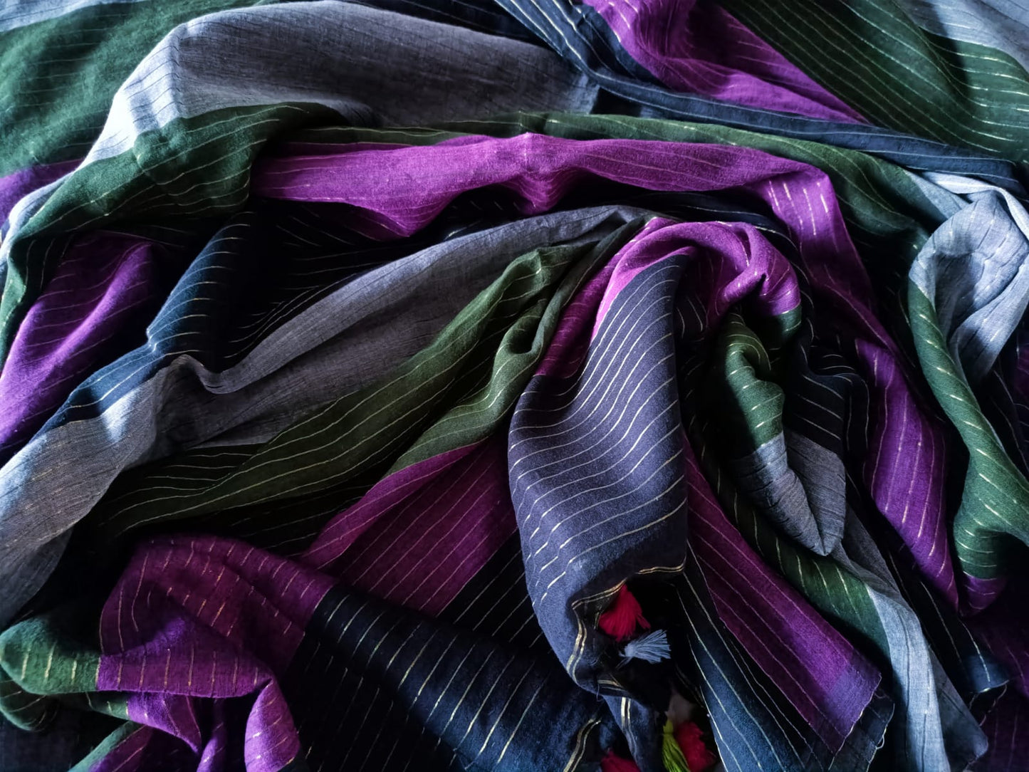 Mull Cotton Stripes Saree - Multicolour - Black Base