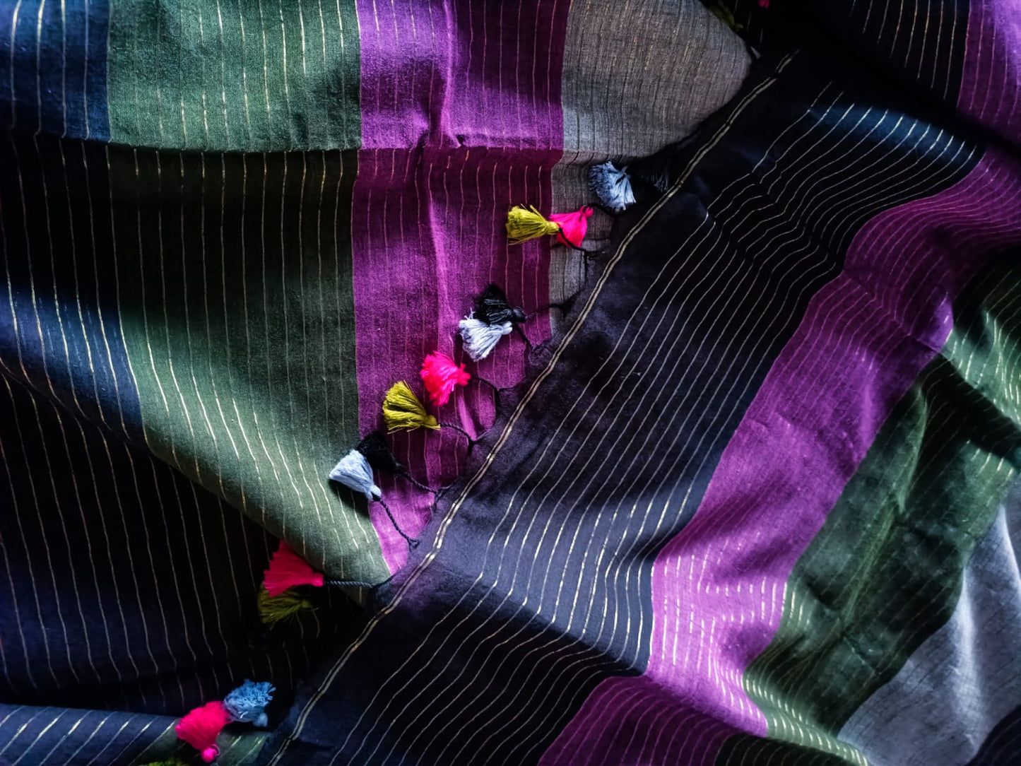 Mull Cotton Stripes Saree - Multicolour - Black Base