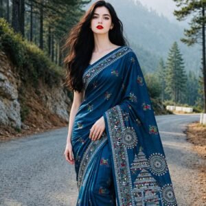 Madhubani Printed Cotton Saree in Deep Teal (Copy)