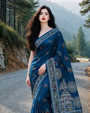Madhubani Printed Cotton Saree in Deep Teal (Copy)