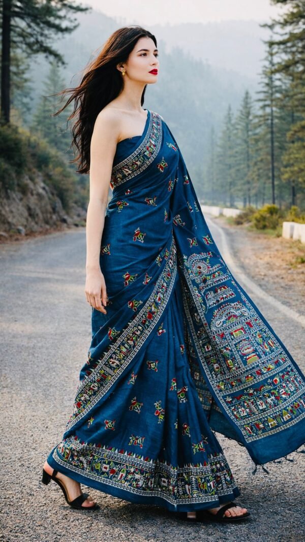 Deep Teal </br>Madhubani Printed Cotton Saree