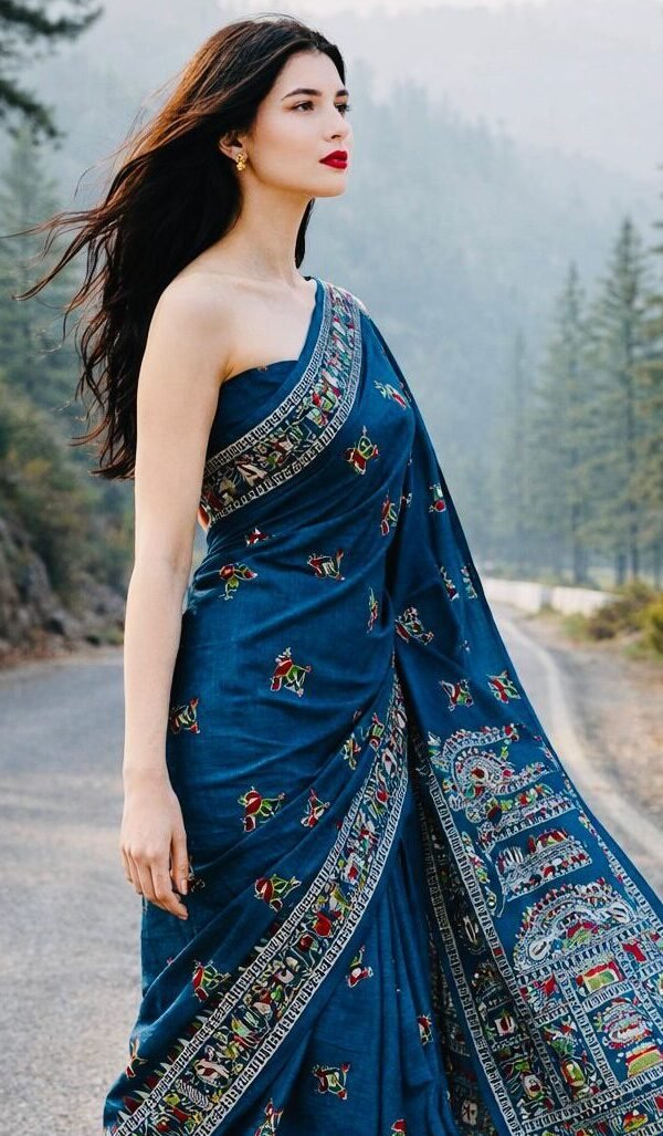 Madhubani Printed Cotton Saree in Deep Teal