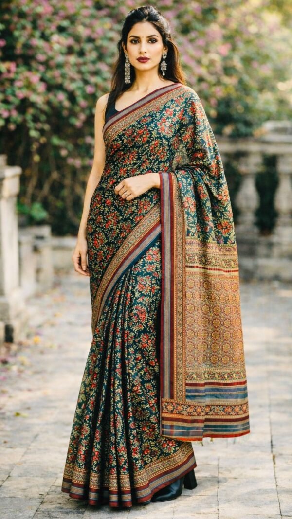 Printed Chanderi Silk-Cotton Saree in Deep Teal with Caramel Pallu