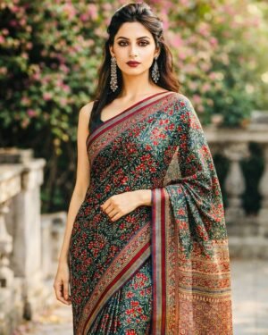 Printed Chanderi Silk-Cotton Saree in Deep Teal with Caramel Pallu