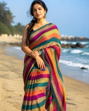 Multicolour Striped Mul Cotton Saree with Tassels