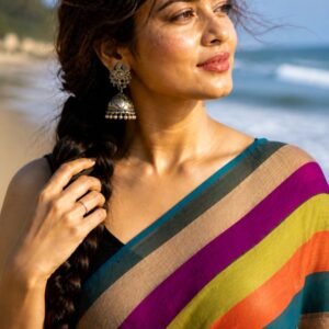Multicolour Striped Mul Cotton Saree with Tassels