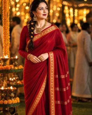 Mercerised Cotton Saree in Deep Crimson with Thread Work Border