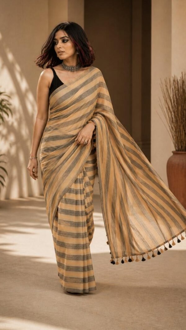 Handloom Cotton Saree in Camel and Charcoal Stripe — Rekha
