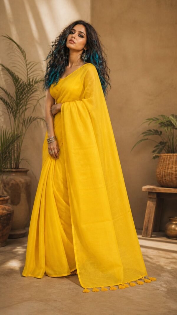 Mul Cotton Saree in Turmeric Yellow with Pallu Tassels — Haldi