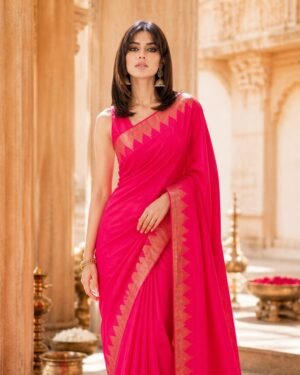 Chanderi Cotton Saree in Rani Pink with Gold Temple Border — Gulaal