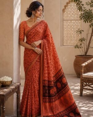 Bagru Block Printed Chanderi Cotton Saree in Rust