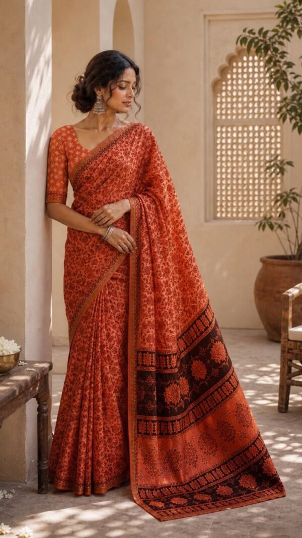 Bagru Block Printed Chanderi Cotton Saree in Rust