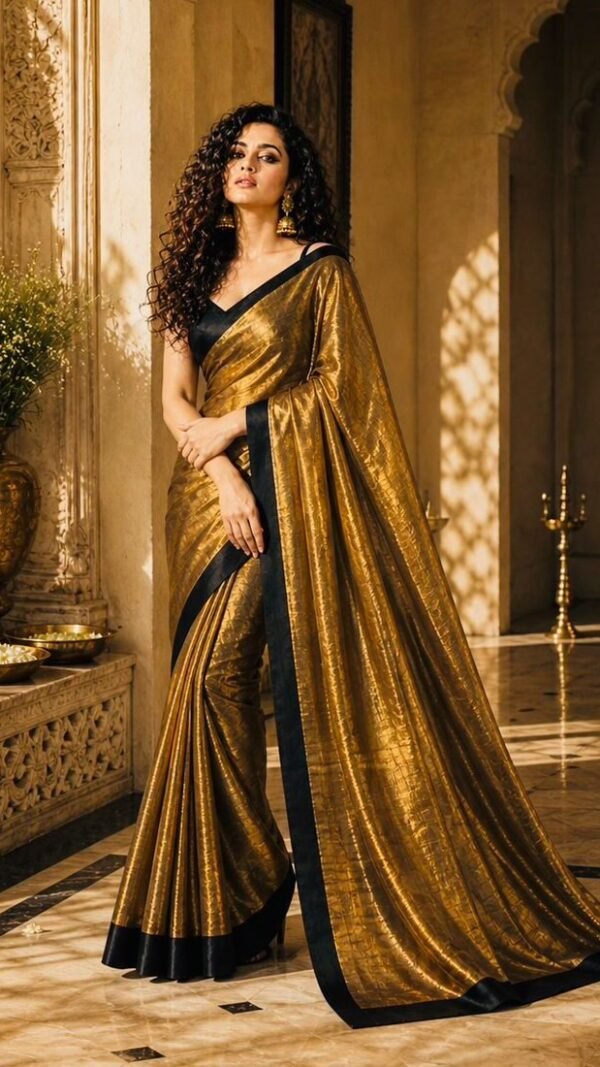 Mul Cotton Tissue Saree in Antique Gold with Black Border — Raga