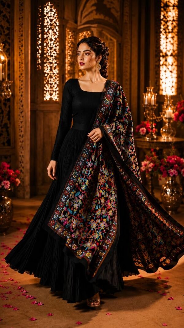 Kantha Hand-Embroidered Dupatta in Black with Multicolour Floral — Bagiya