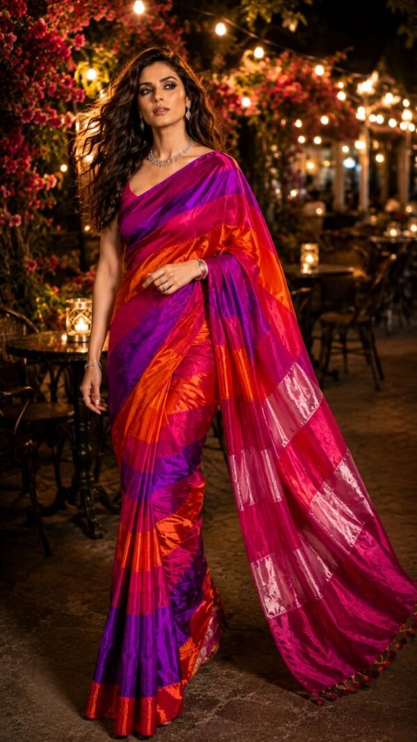 Cotton Tissue Saree in Weft Colour-Block Stripe — Aaroh