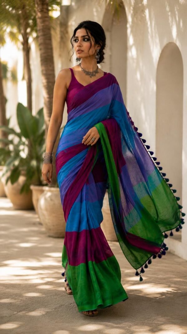 Mul Cotton Saree in Four-Colour Block Stripe with Navy Pom-Pom Border — Tarang