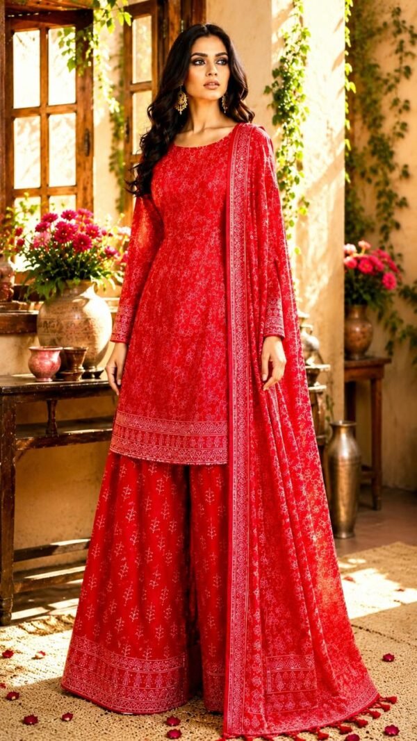 Chanderi Kurta and Cotton Sharara Suit Set in Crimson with Zari Border — Gulmohar