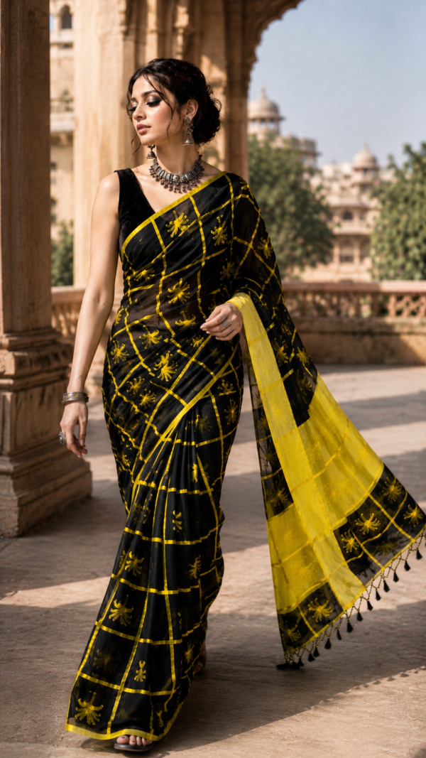 Bijli </br> Bengal Handloom Cotton Saree in Black with Yellow Zari Check and Buta