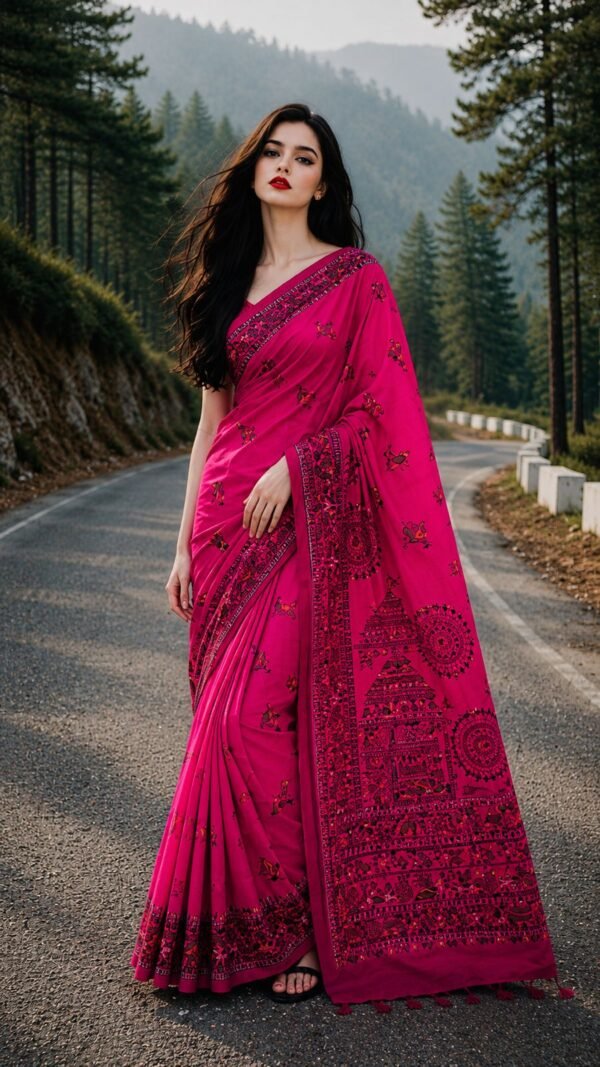 Phool </br> Kantha Hand-Embroidered Cotton Saree in Coral with Multicolour Floral Border