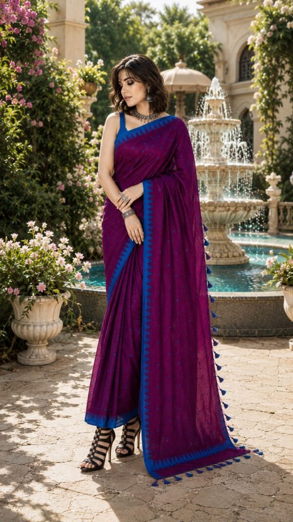 Nilambari</br>Bengal Handloom Cotton Saree in Wine with Cobalt Buti and Temple Border