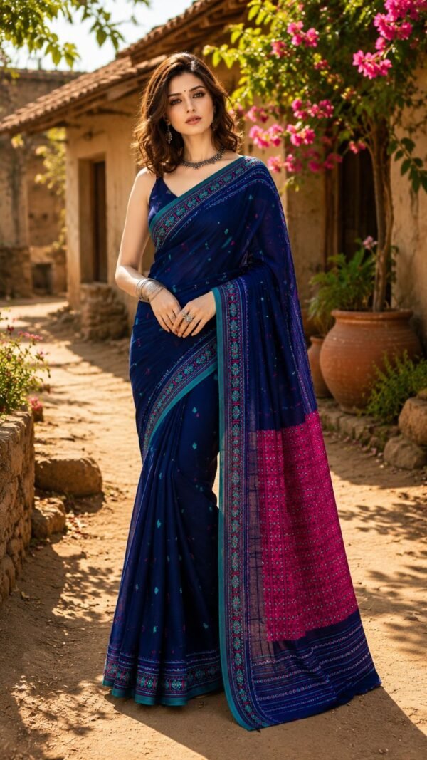 Nishagandha</br>Bengal Handloom Cotton Saree in Midnight Navy with Multicolour Buti and Magenta Pallu