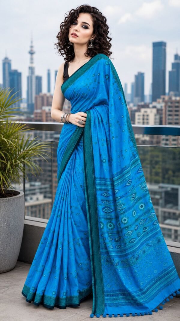 Akash </br>Bengal Handloom Cotton Saree in Electric Blue with Tone-on-Tone Buti and Teal Border