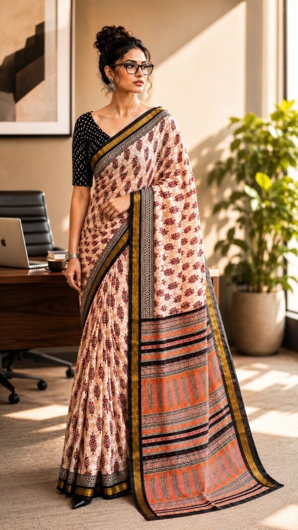 Geru </br> Bagru Block Print Cotton Saree in Cream with Geru Buti and Rust Printed Pallu
