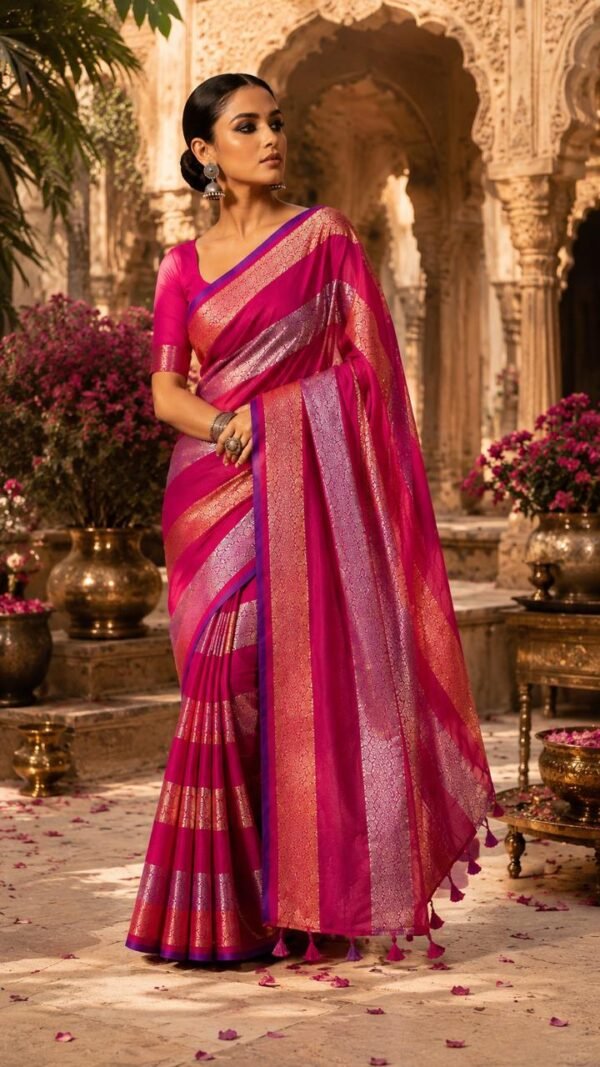 Shringaar </br> Banarasi Cotton Saree in Magenta with Meenakari Zari Bands