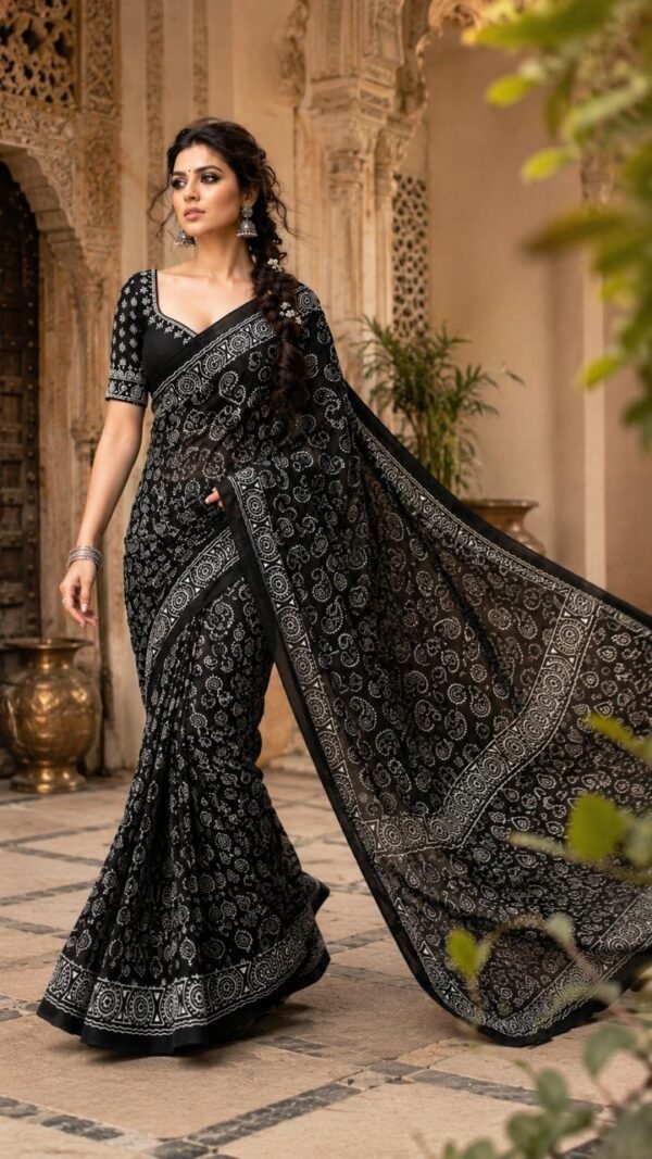 Kaajal </br> Bagru Block Print Cotton Saree in Black with White Paisley and Geometric Print