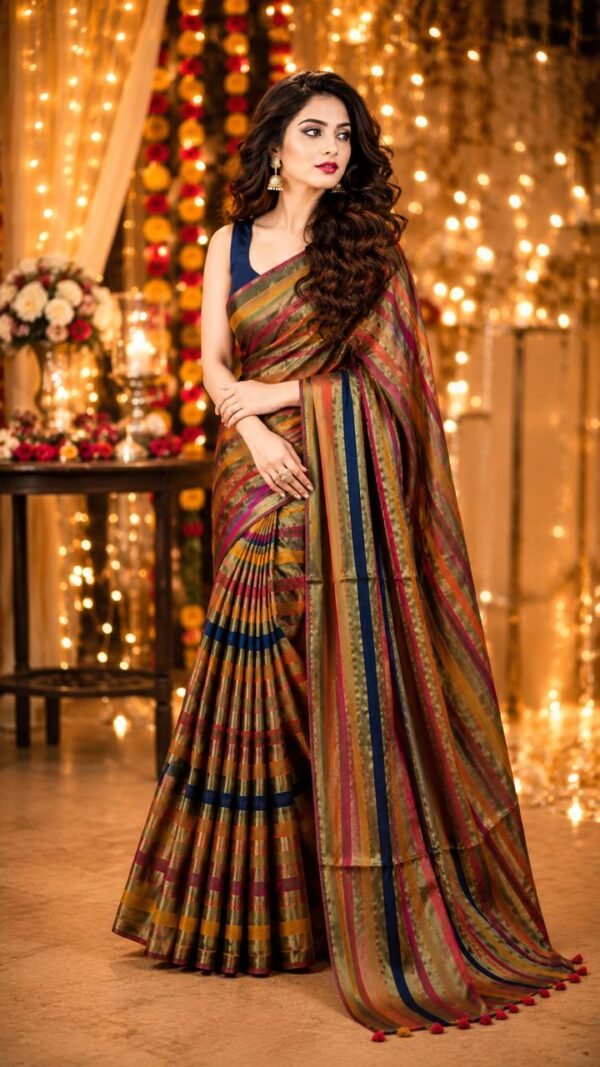 Utsav </br>  Bengal Cotton Tissue Saree in Multicolour Stripe