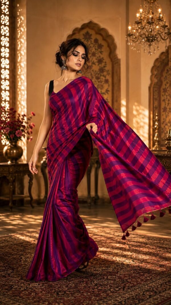 Sandhya </br> Bengal Handloom Cotton Saree in Magenta and Violet Stripe