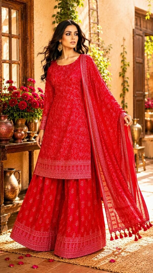 Gulmohar </br>  Chanderi Kurta and Cotton Sharara Suit Set in Crimson with Zari Border