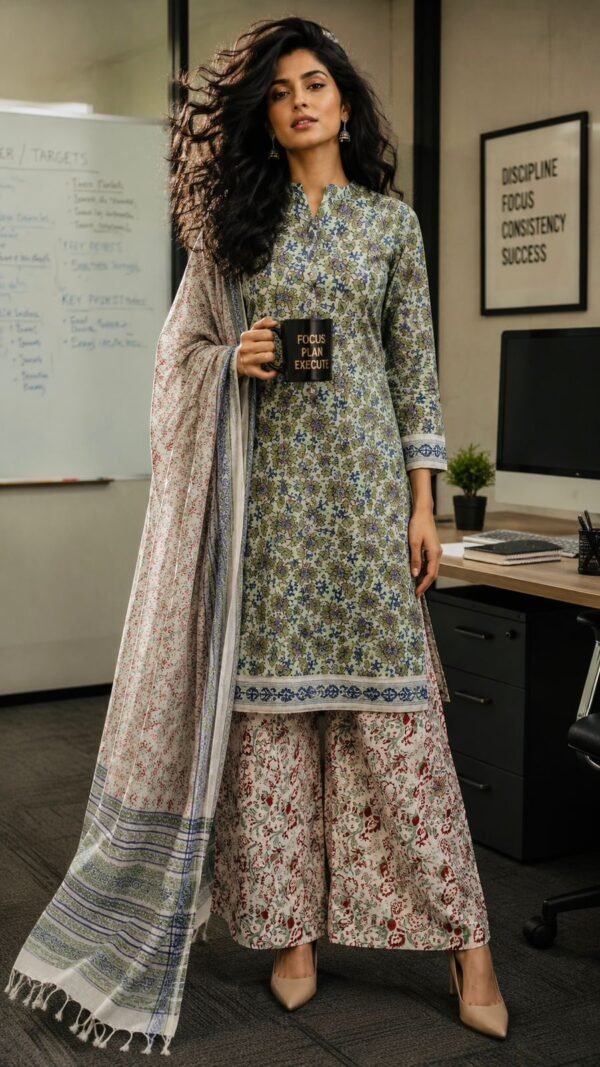 Saumya</br>Cotton Block Print Suit Set with Kota Doria Dupatta