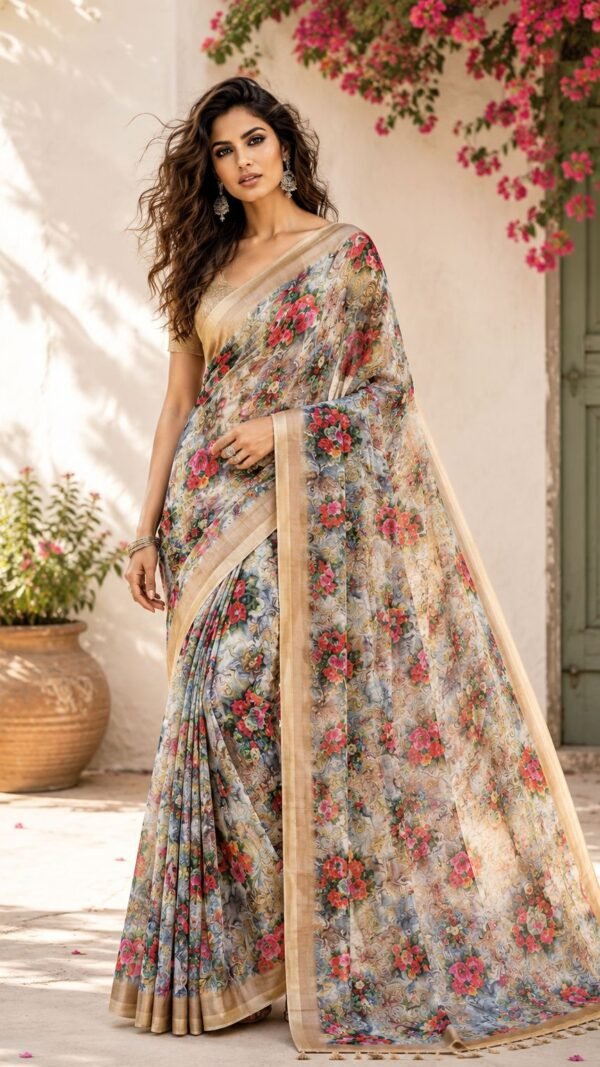 Bahar </br> Mercerised Cotton Saree in Printed Floral with Gold Zari Border