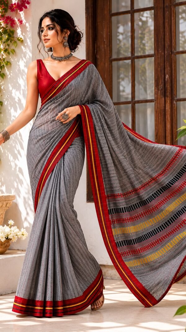 Dhoop </br>Khadi Cotton Saree in Grey with Multicolour Supplementary Weft Pallu