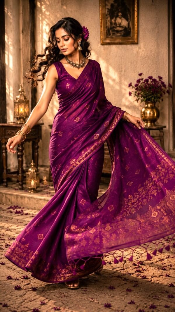 Madhuri </br> Linen Cotton Saree in Wine Purple with Gold Zari Buti and Border