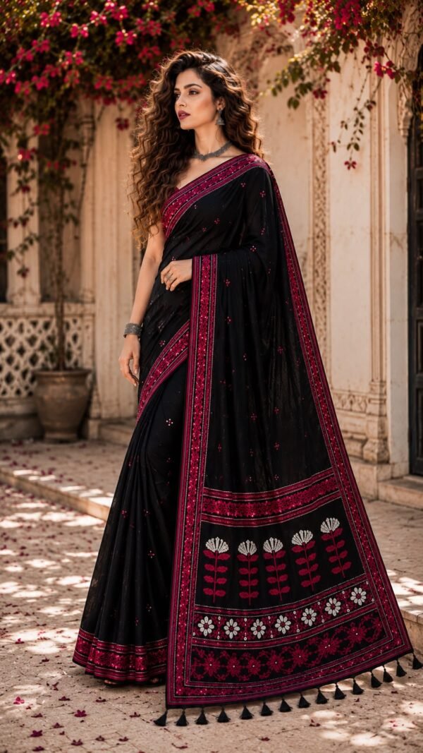 Ratri </br>Cotton Saree in Black with Resham Embroidered Buti and Pallu
